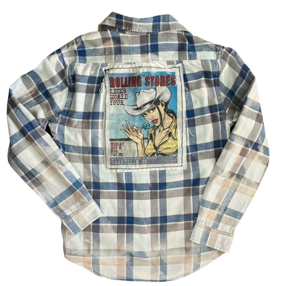Distressed 100% Cotton Bleached Flannel Rolling Stones Print Unique Upcycled Sm - Picture 1 of 10